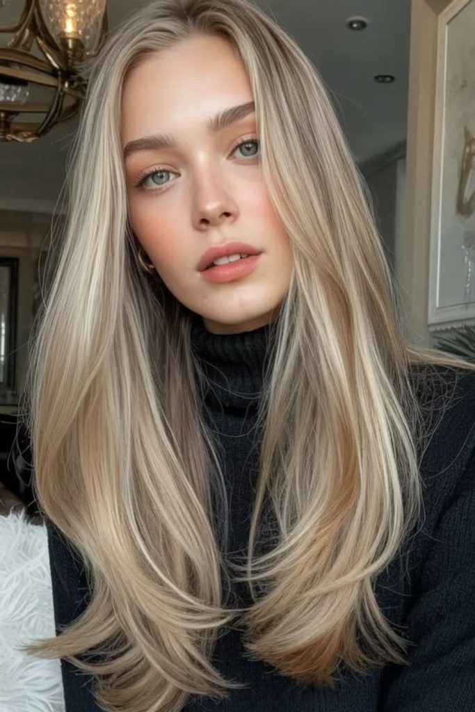 Caramel mid-lengths with misty highlights