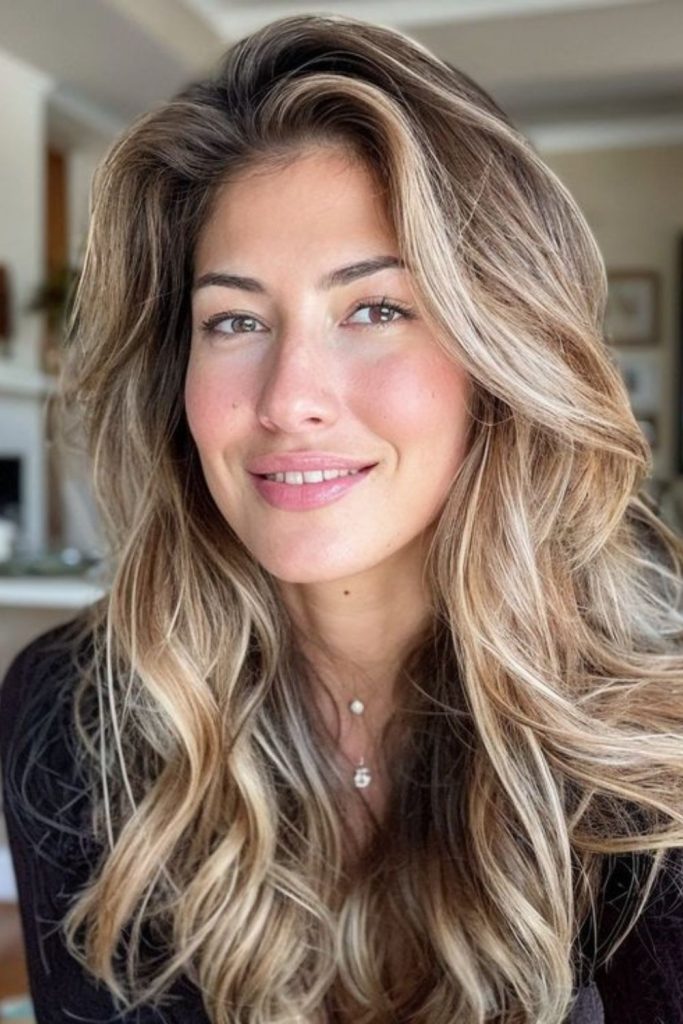 Soft caramel misted throughout hair