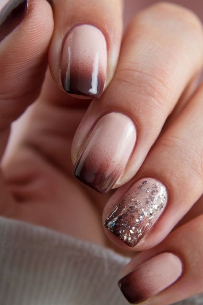 Caramel nails blending into smoky gray.