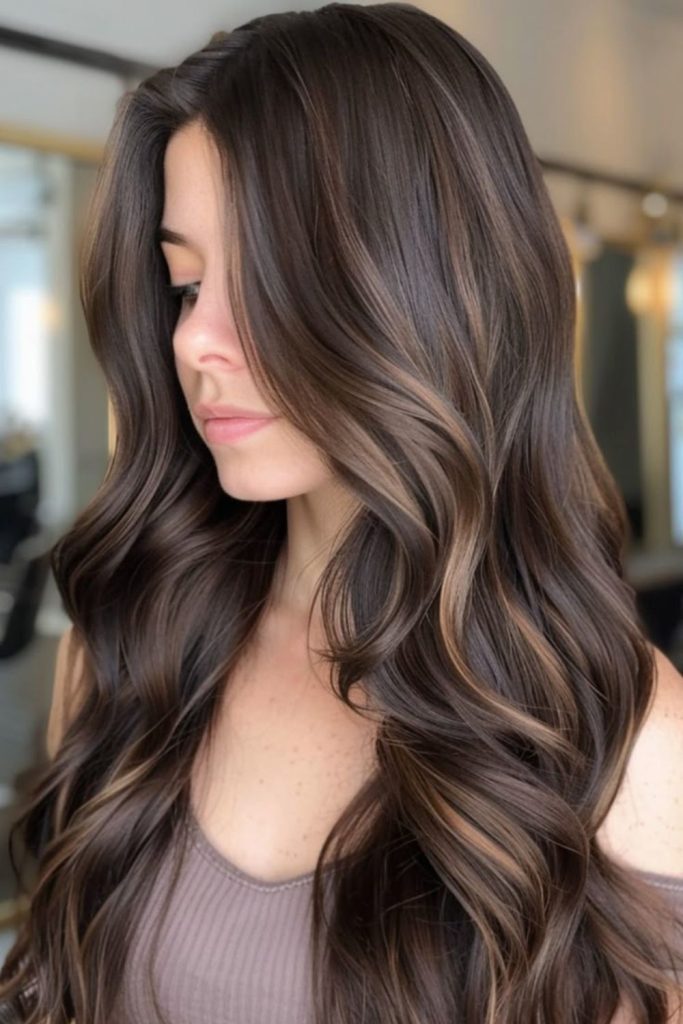 Bronze glow veil on chestnut brown hair.