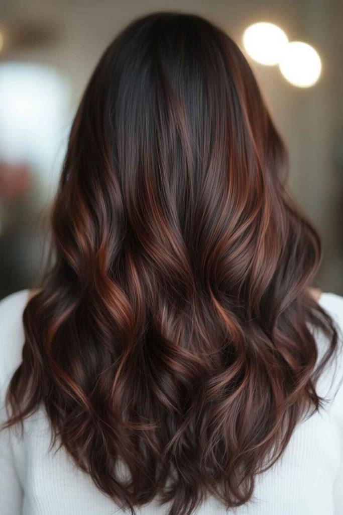 Chestnut highlights glowing in dark brown hair.