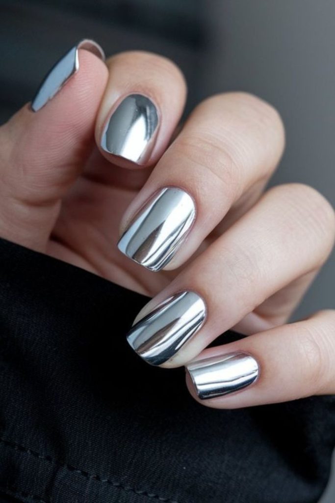 Mirrored silver reflective liquid metallic nails
