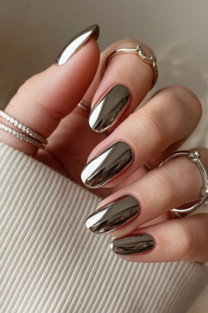 Reflective chrome nails edgy imperfect shine
