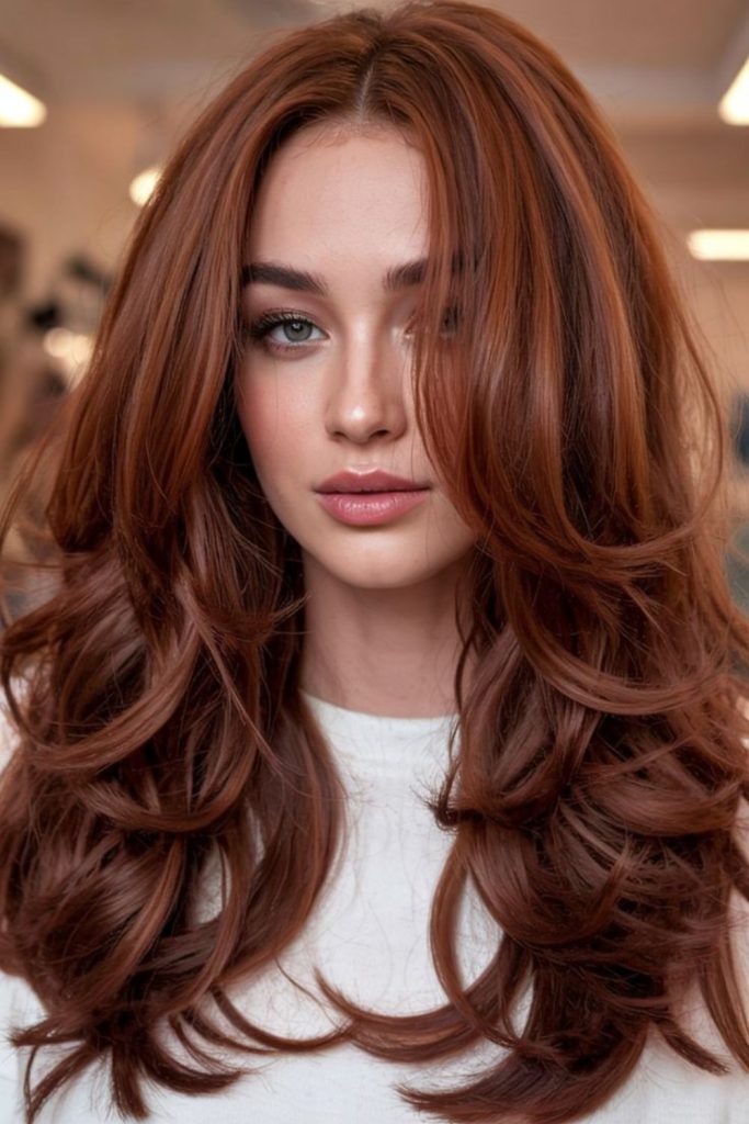 Cinnamon layered red brown hair shine.