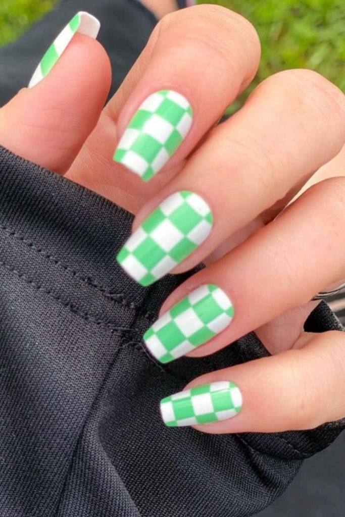 Lime checkerboard bold graphic nails
