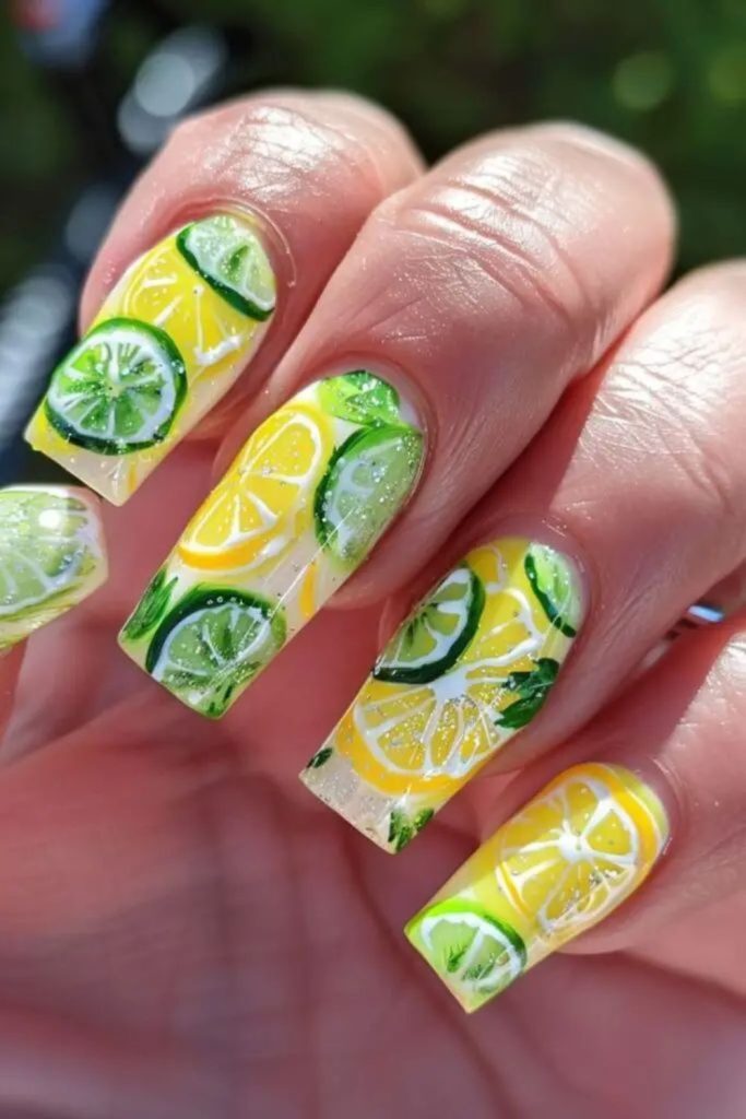 Lime doodle artistic fun nail design