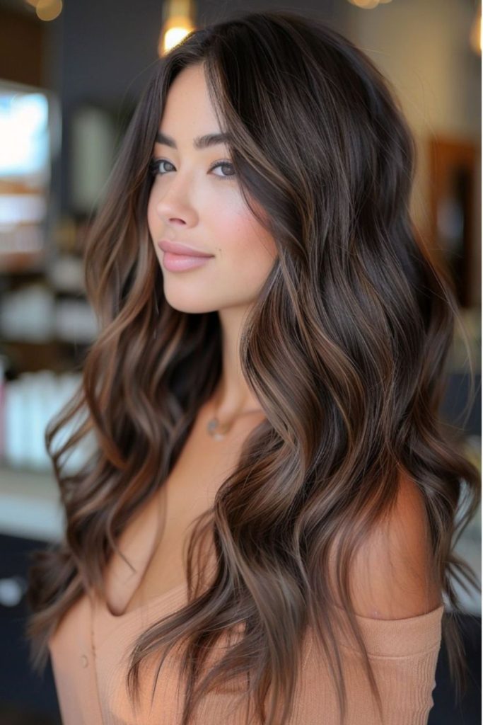 Bronze halo highlights on cocoa brown hair.