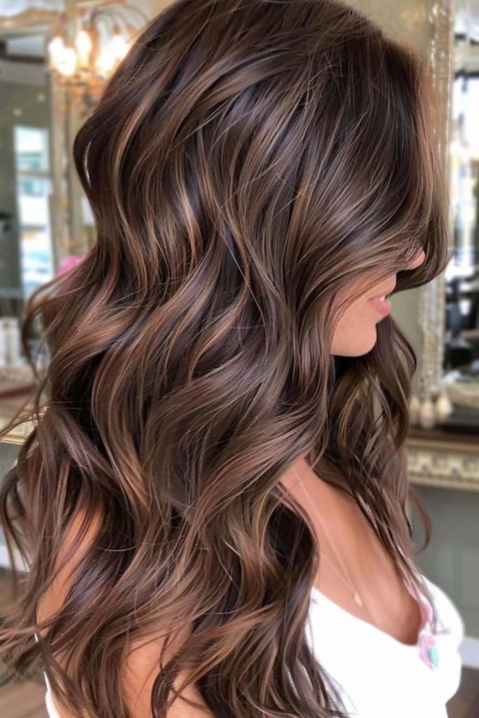 Honey ember highlights in cocoa brown hair.