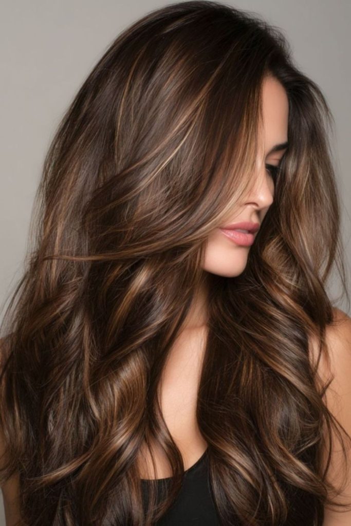 Cocoa brown hair with latte swirl highlights.