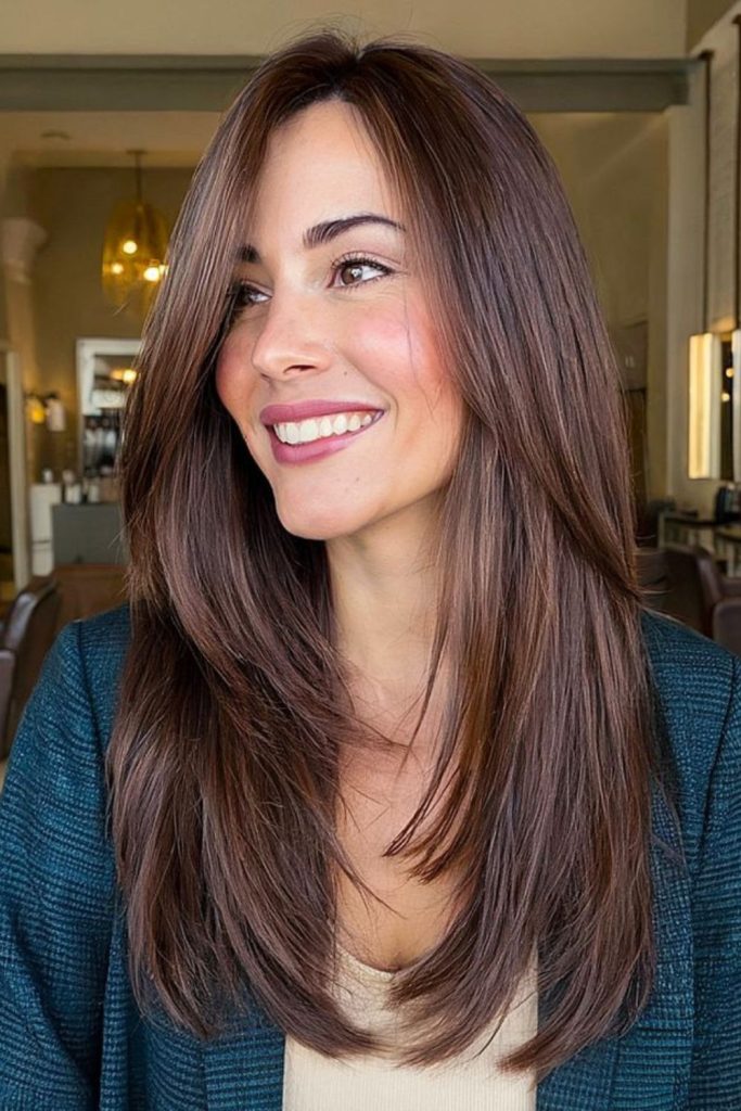 Deep brown hair flowing with shine