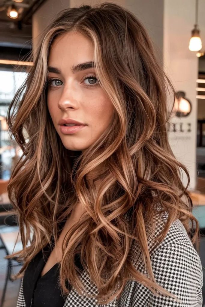 Coffee brown hair with caramel face highlights.