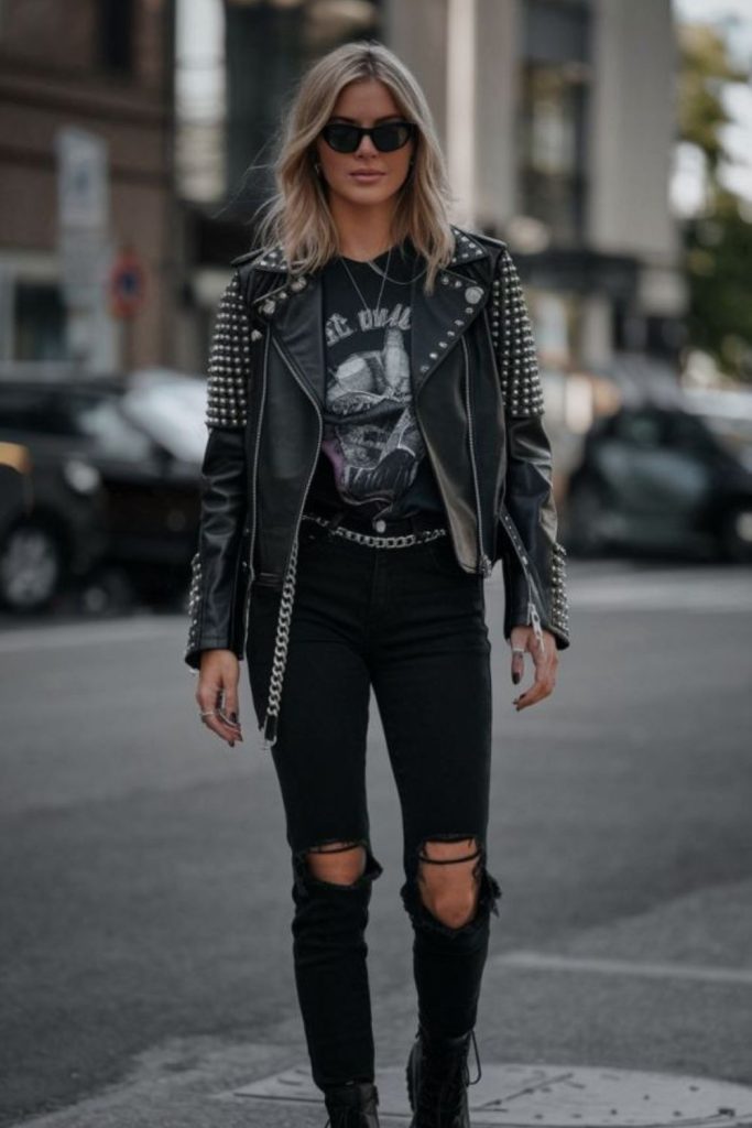 Black biker jacket ripped leggings