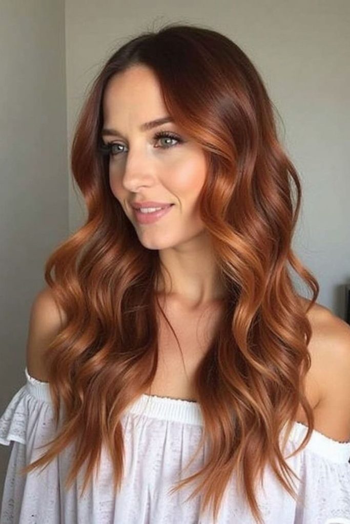 Copper rose shimmering brown hairstyle look.