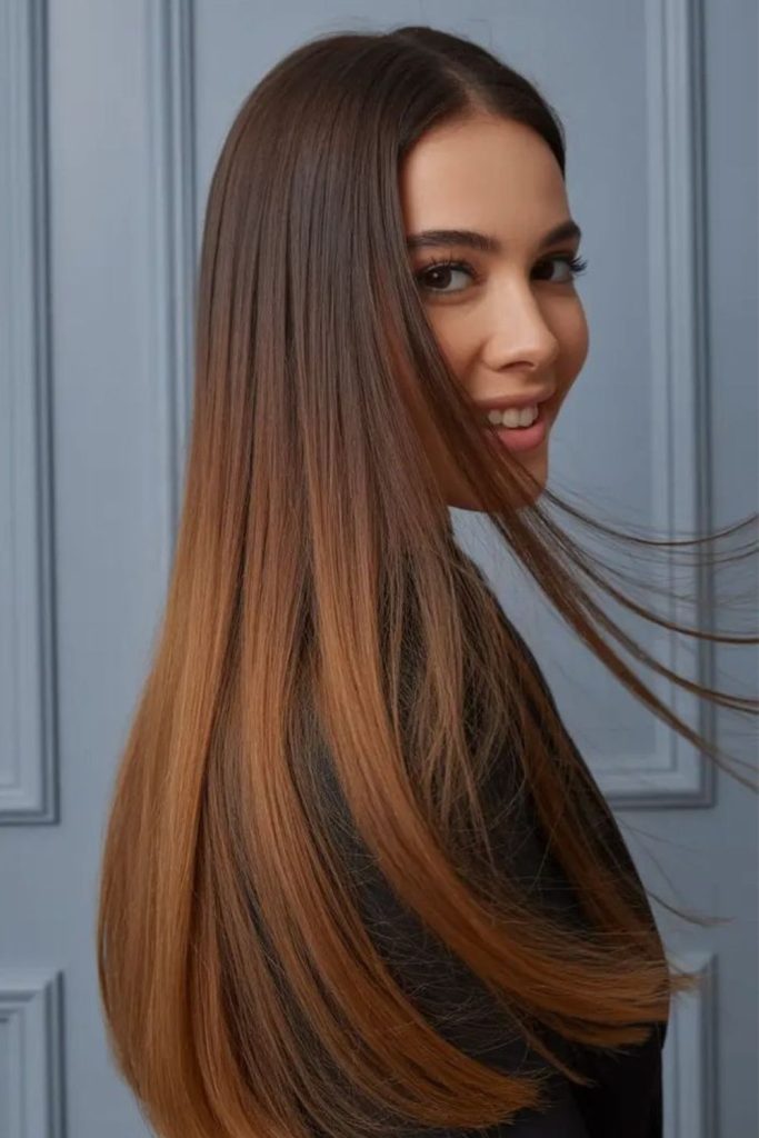 Reddish brown long sleek hair shine