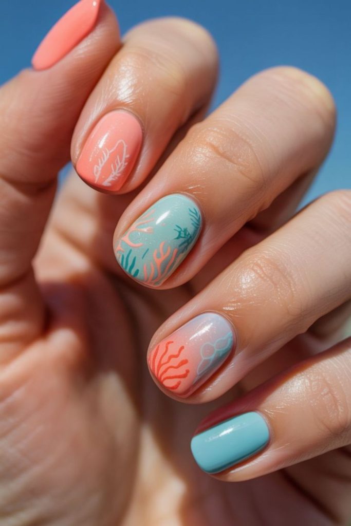 Coral geometric nails with playful streaks.