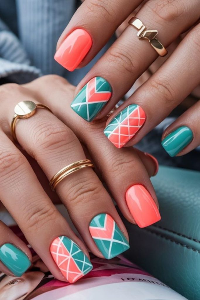 Coral and turquoise playful nails