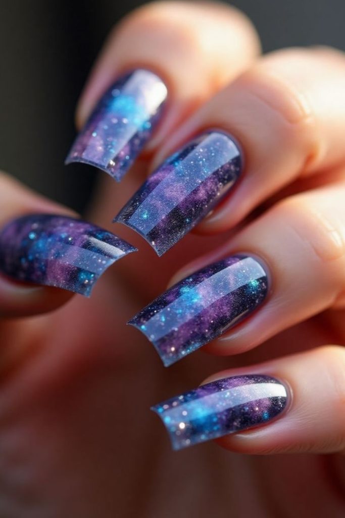 Galactic swirls with sparkling starlight nails