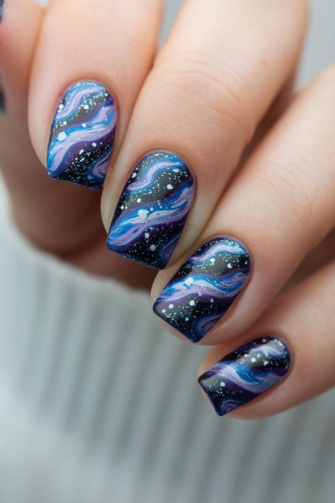 Deep space swirl glitter nails