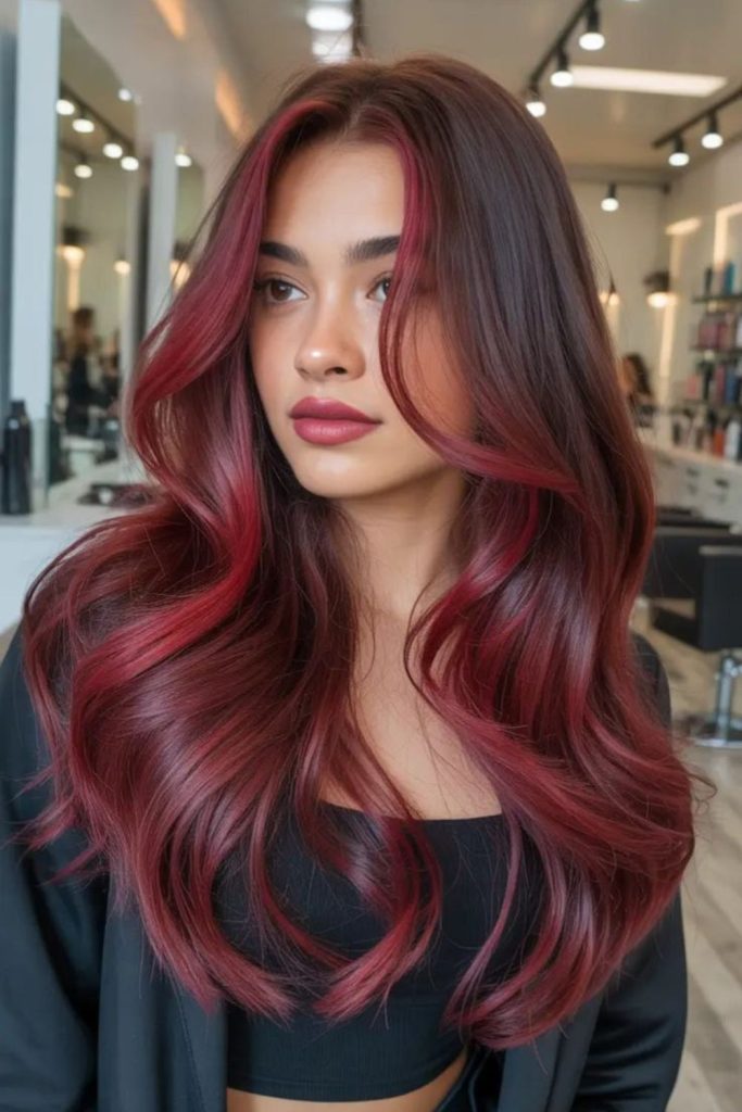 Crimson veil highlighted brown hair glow.