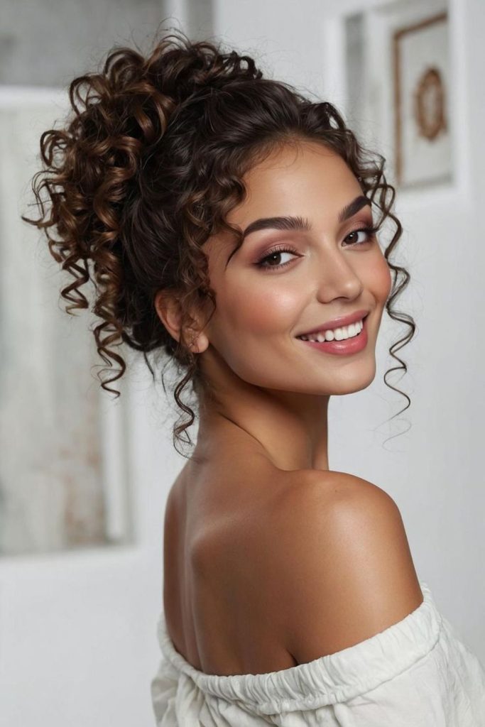Curly crown puff with bold volume.