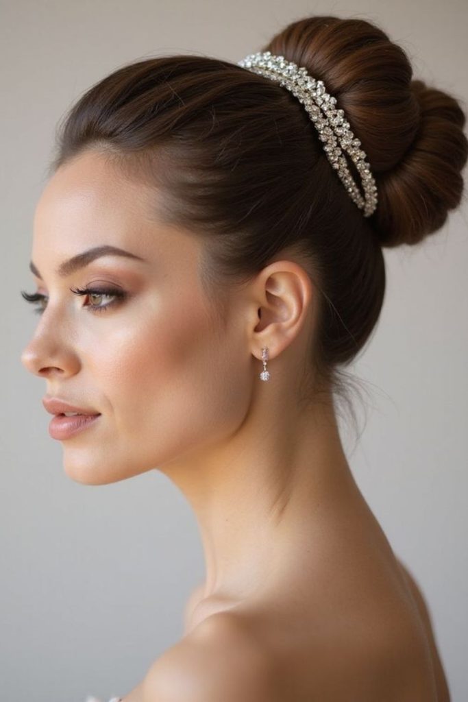 Sleek bun with sparkling crystal pins.