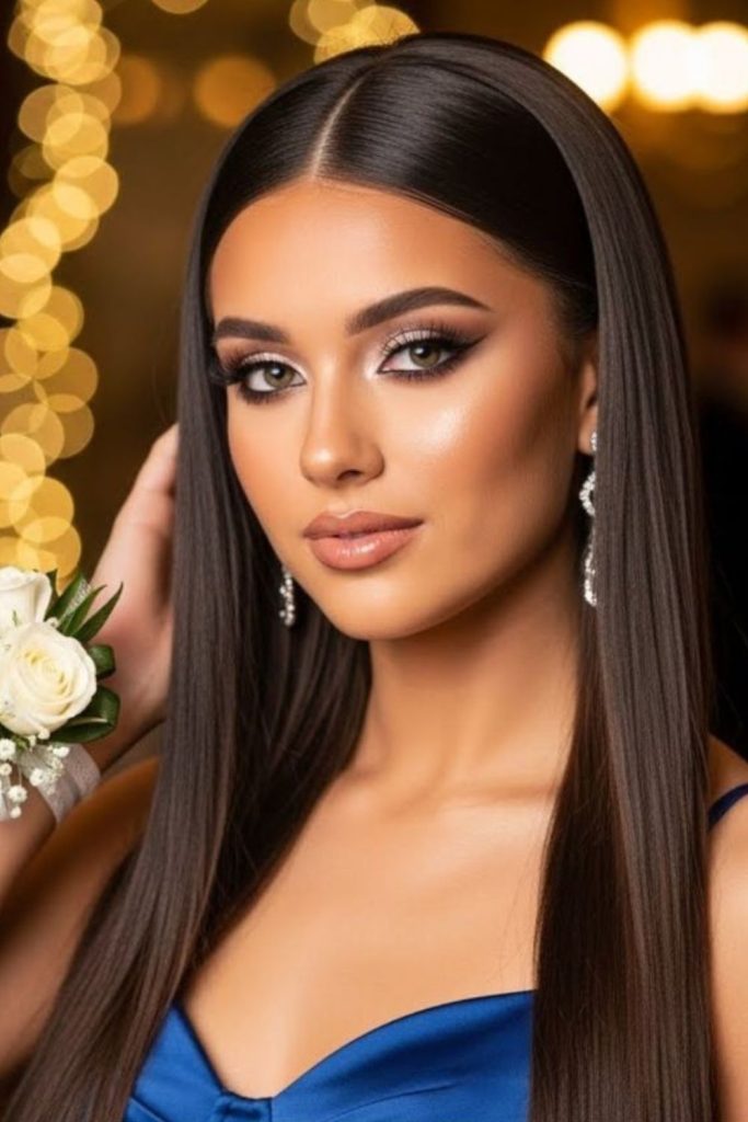 Crystal sleek part polished straight hairstyle