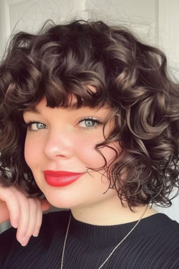 Bob haircut with curly forehead fringe