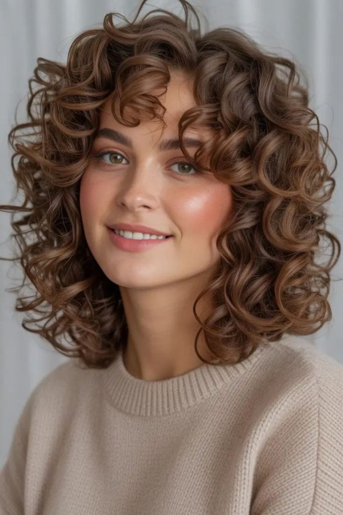 Bouncy curly shoulder-length layered hair