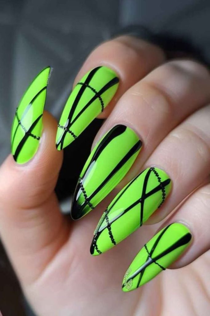 Cyber grid neon green nail pattern
