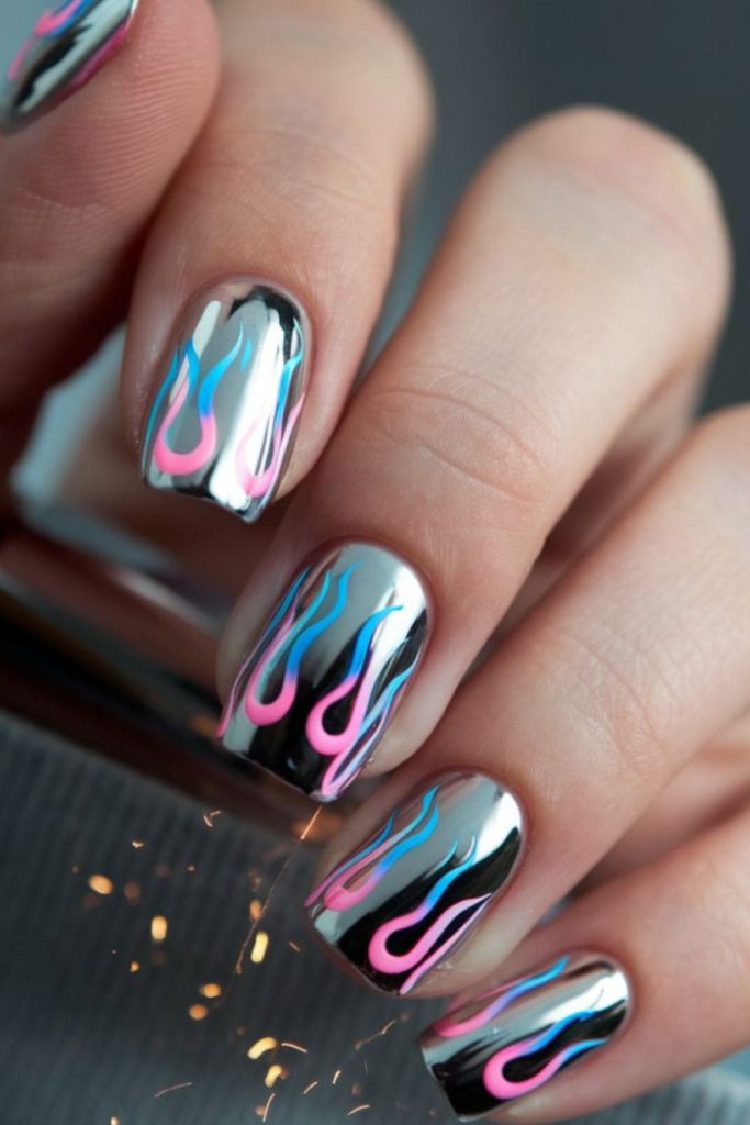 Electric neon zigzag futuristic nail design