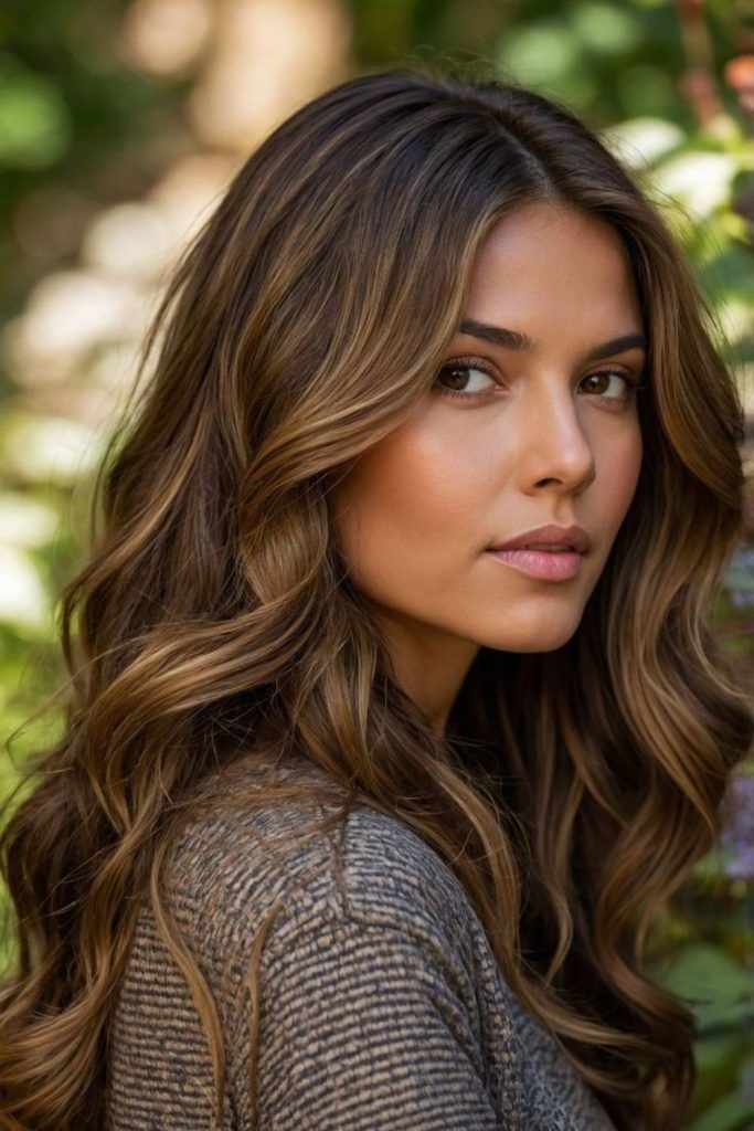 Deep brown hair with caramel shadow highlights.