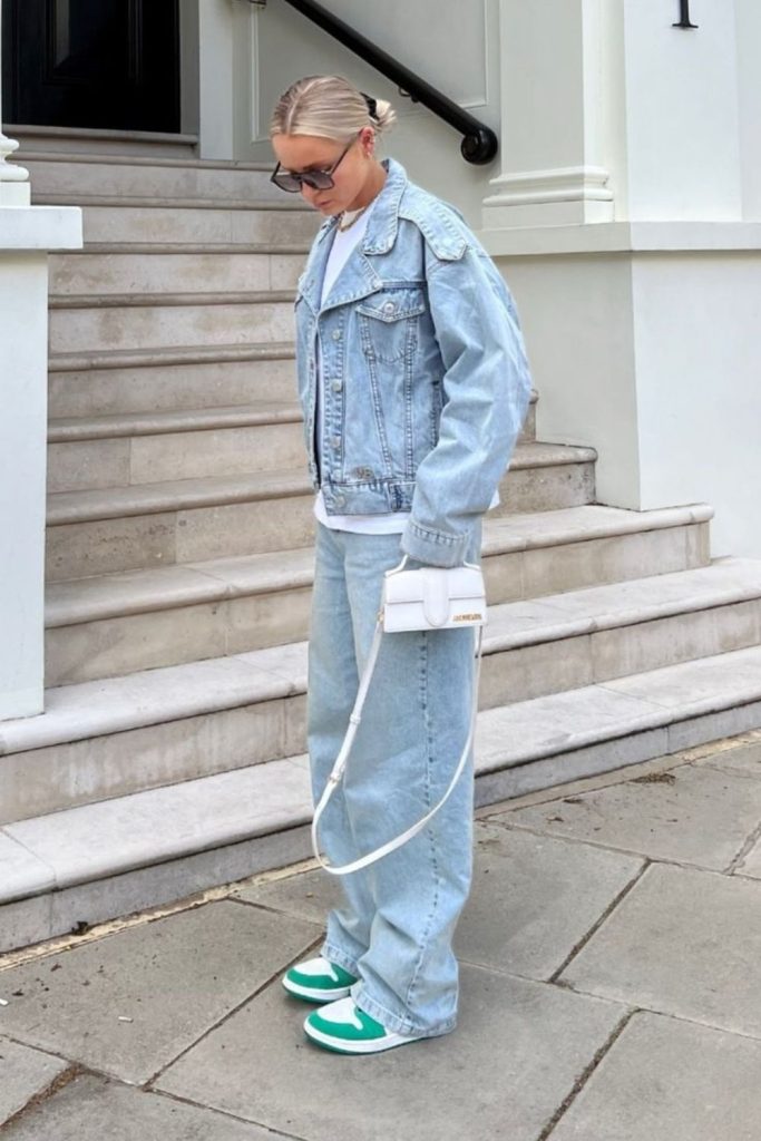 Oversized denim jacket casual look.