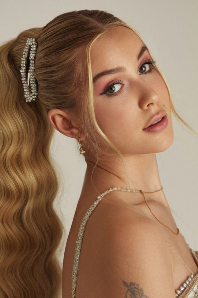 Center part sleek pony hairstyle