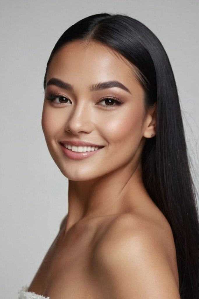 Sleek straight hair with center part.