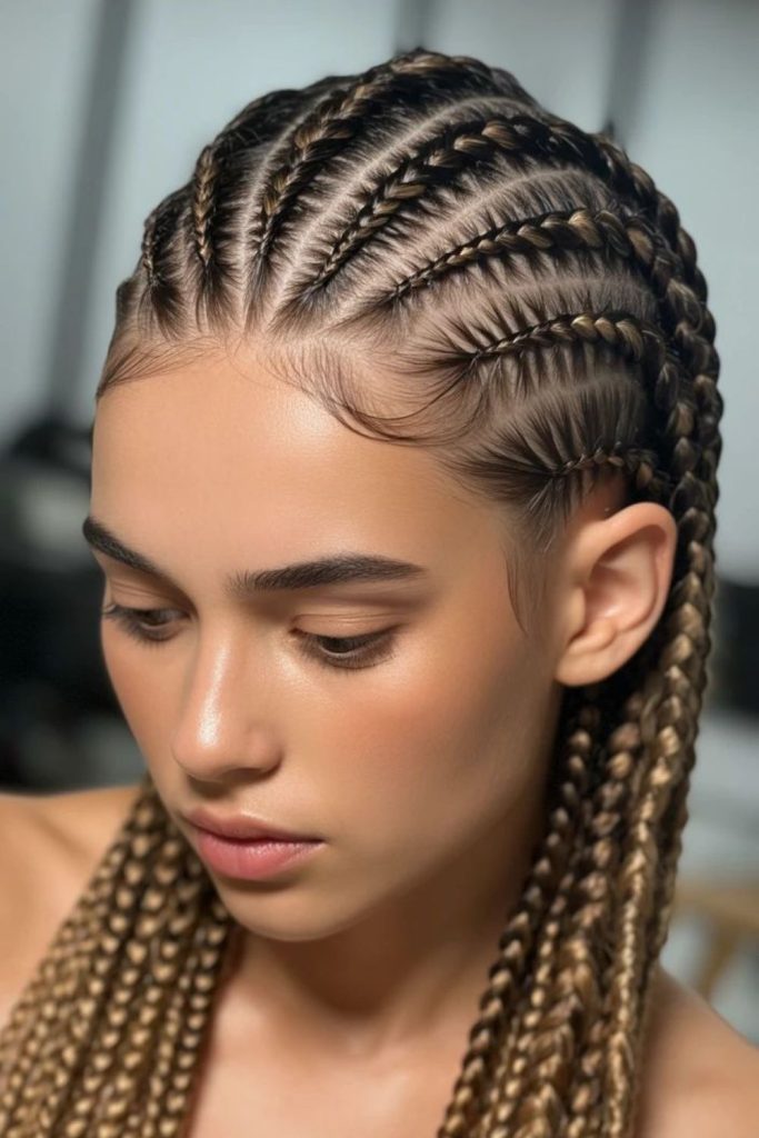 Diamond parted straight back braids style.