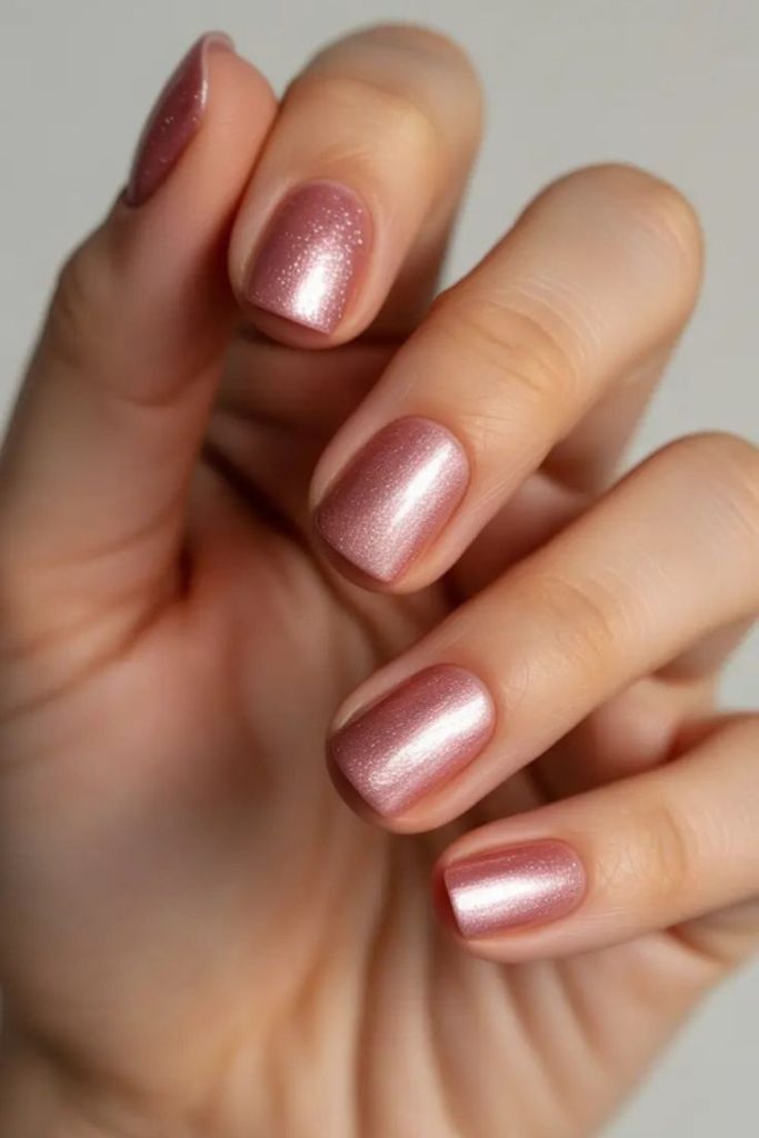 Muted rose nails with subtle shimmer.