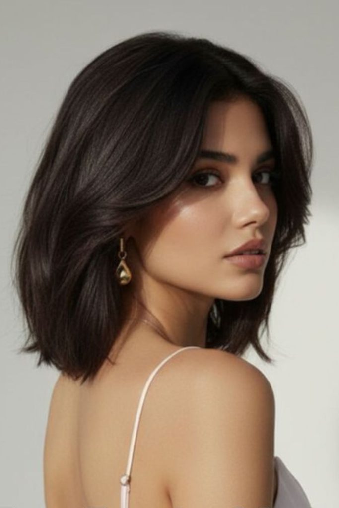 Dark smooth hair with slight asymmetry