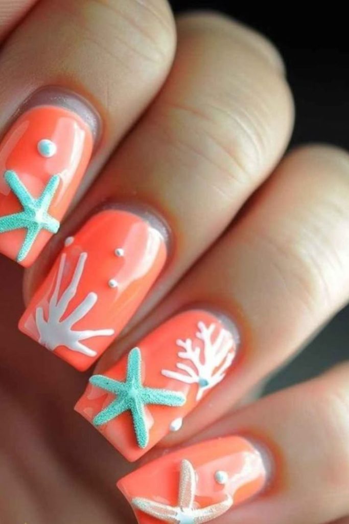 Coral turquoise nails playful summer energy
