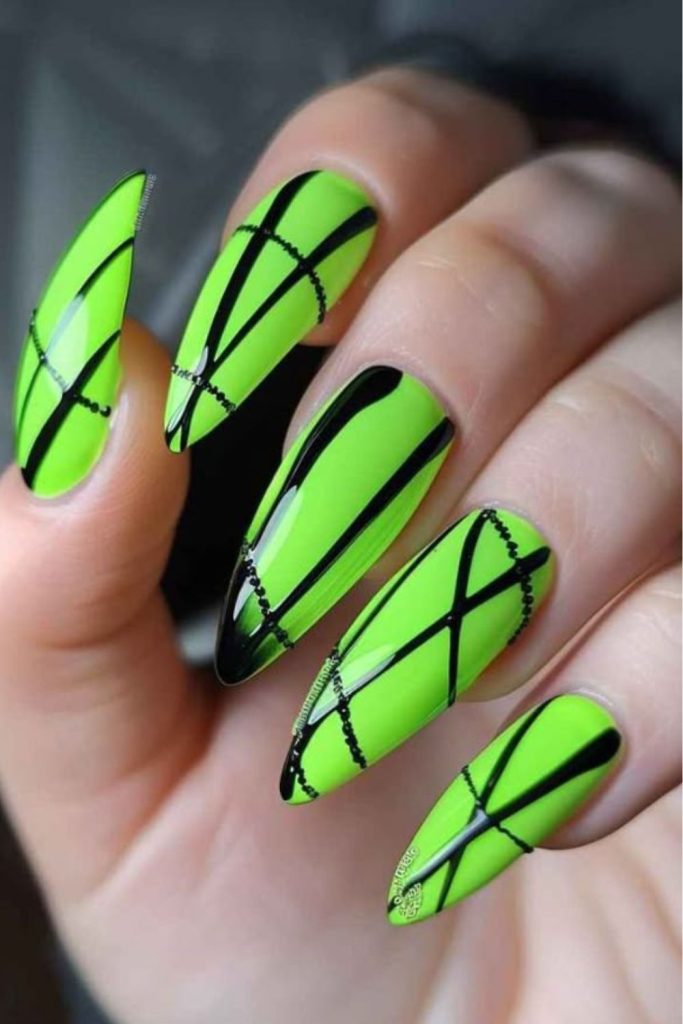 Lime grid pattern futuristic nail design