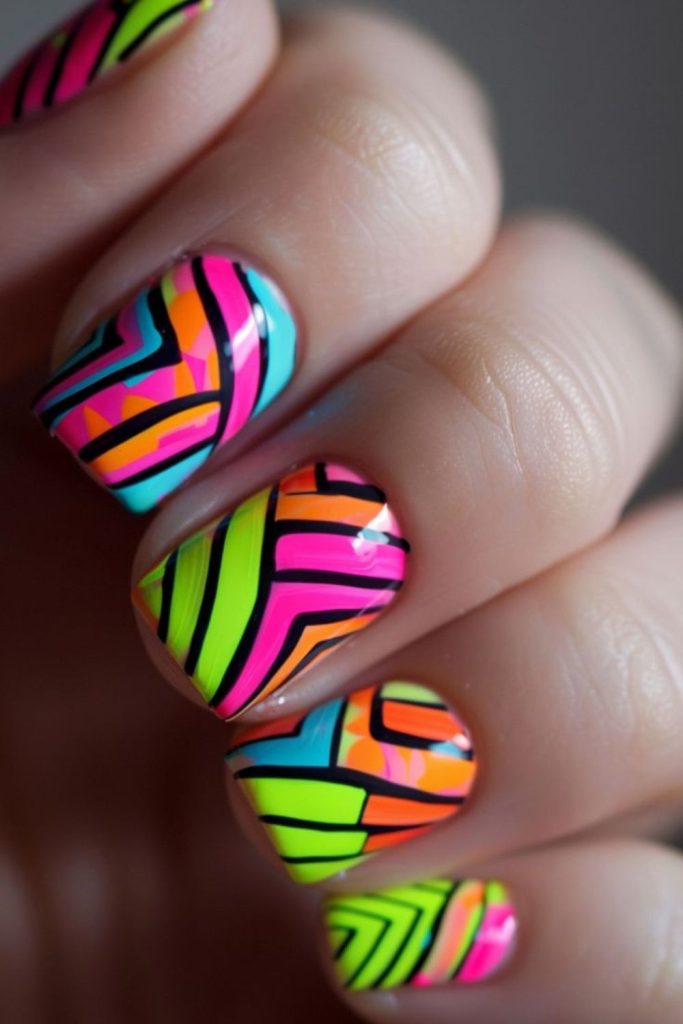 Neon lightning streak nail art