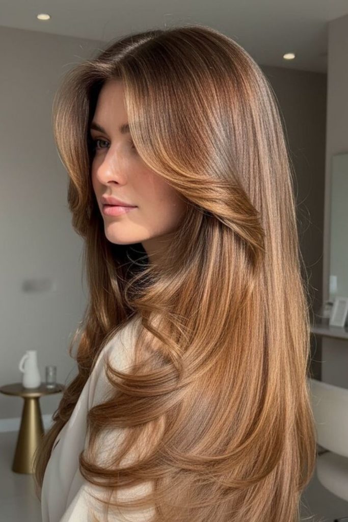 Glossy chestnut hair with soft flicks