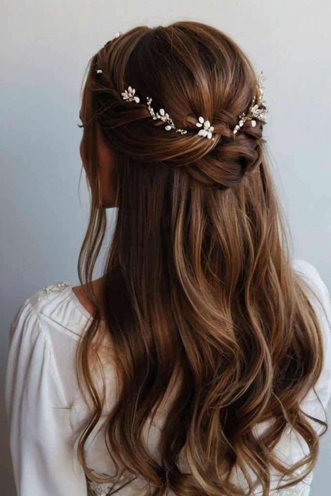 Twisted halo hairstyle with sparkling pins