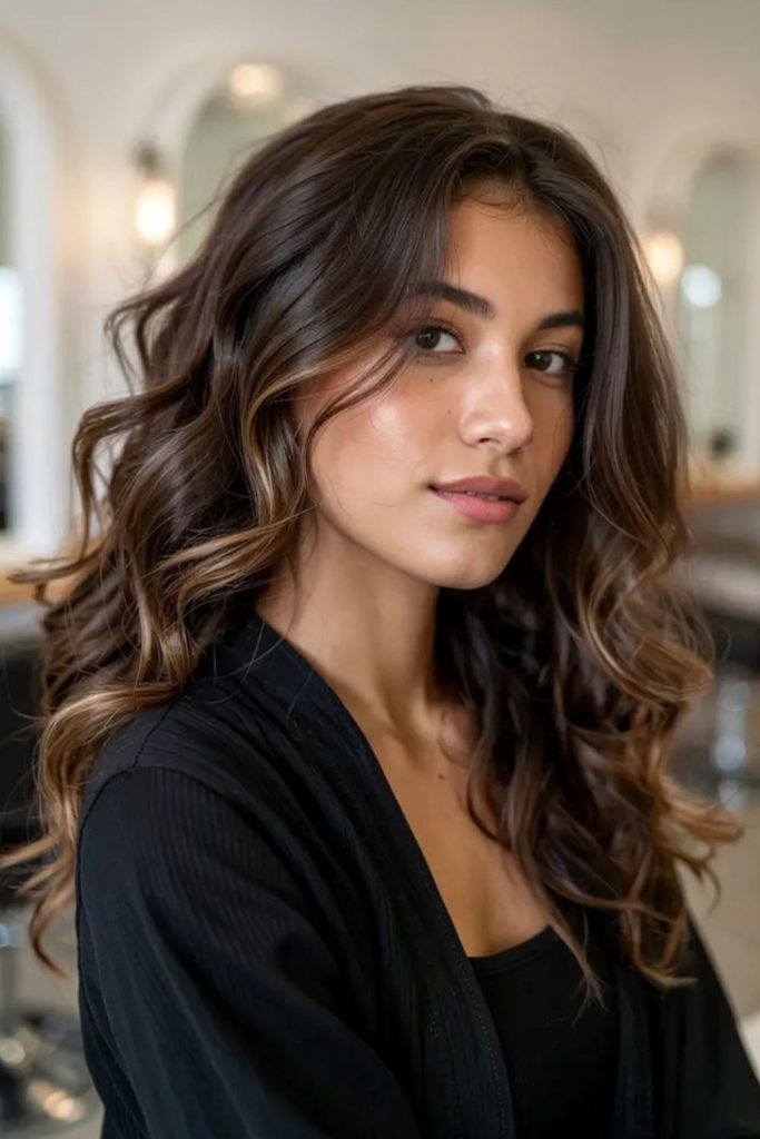 Bronze sunmist highlights on espresso hair.