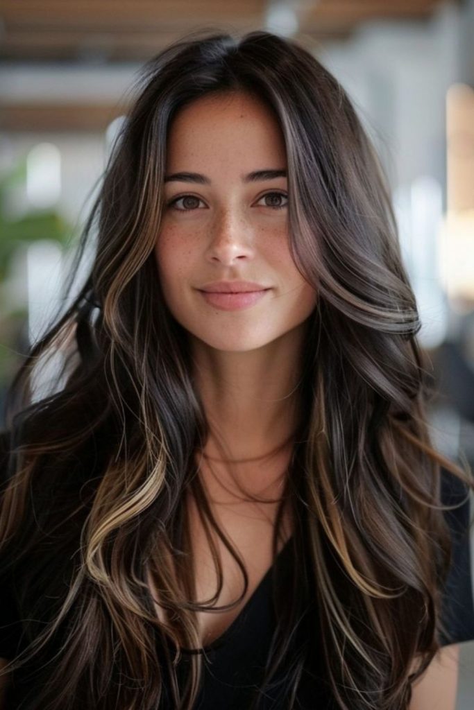 Honey radiant highlights in espresso hair.