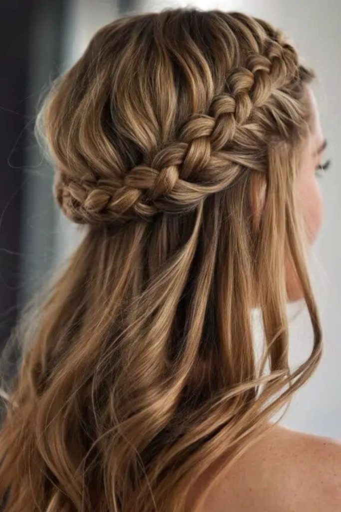 Braided halo crown with airy texture.