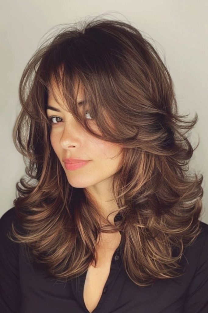 Feathered blowout with soft voluminous layers.