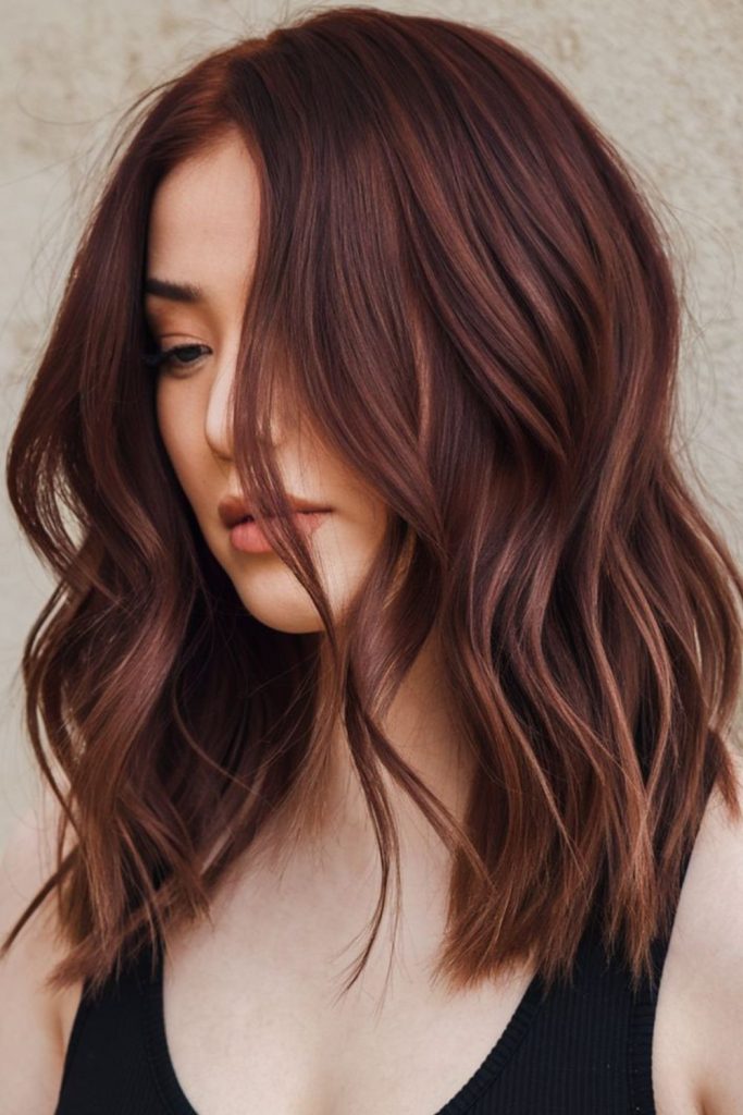 Fiery mocha shiny red brown hair.