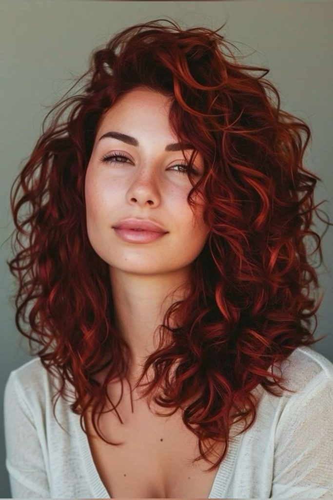 Flame kissed curly red brown hair.