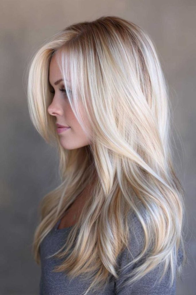 Icy caramel blended mid-length highlights