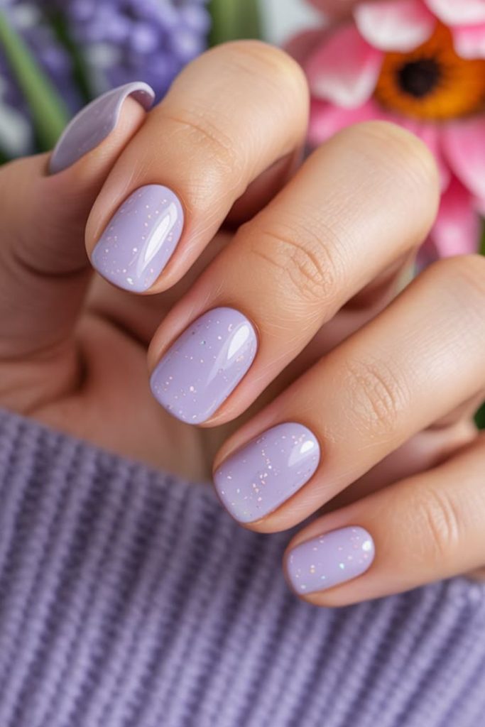 Lilac nails topped with frosted shimmer.
